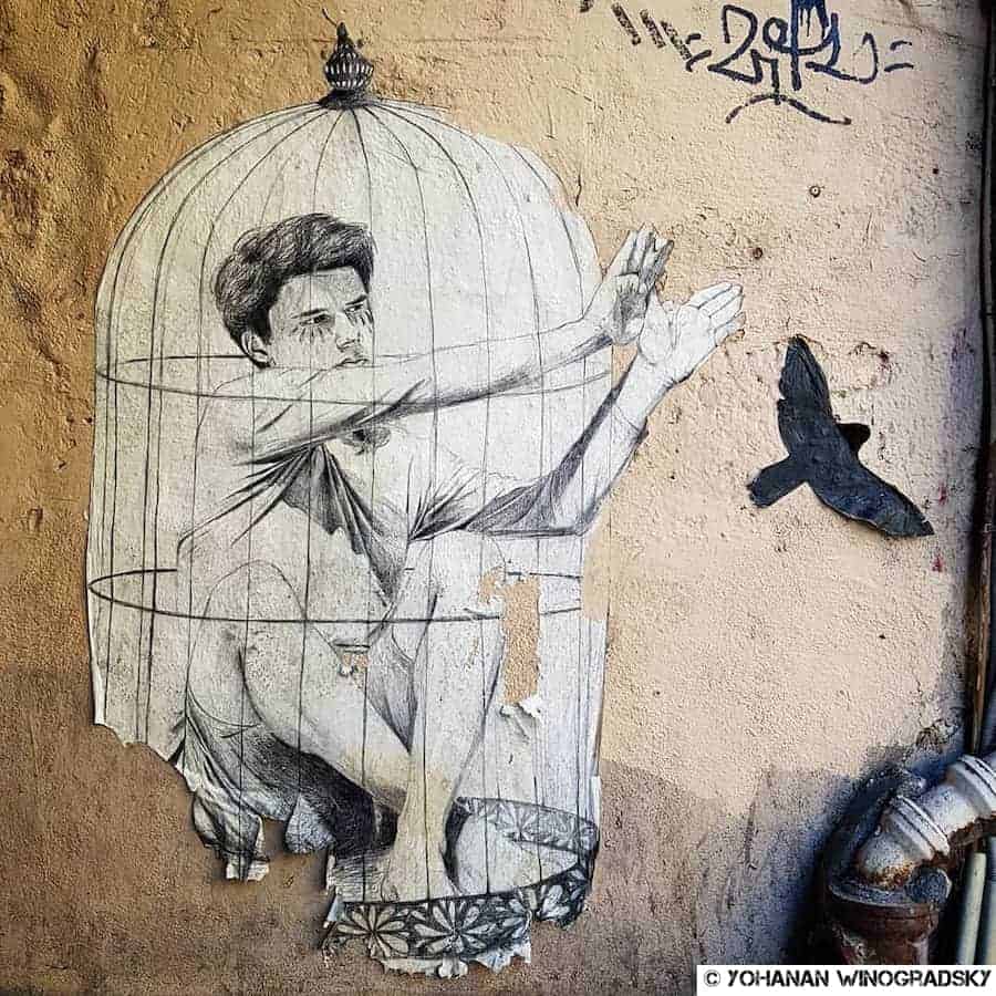street art à paris par agrume, jeune homme dans une cage avec oiseau, passage bonne graine